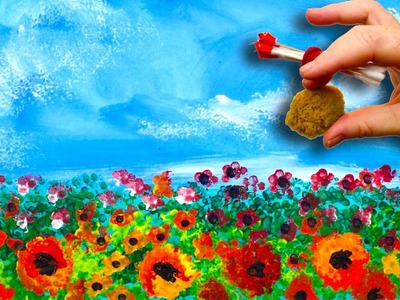 EASY Poppies???? NO BRUSHES ACRYLIC Painting  Sponge And Cotton Swabs  BEGINNERS Acrylic Painting