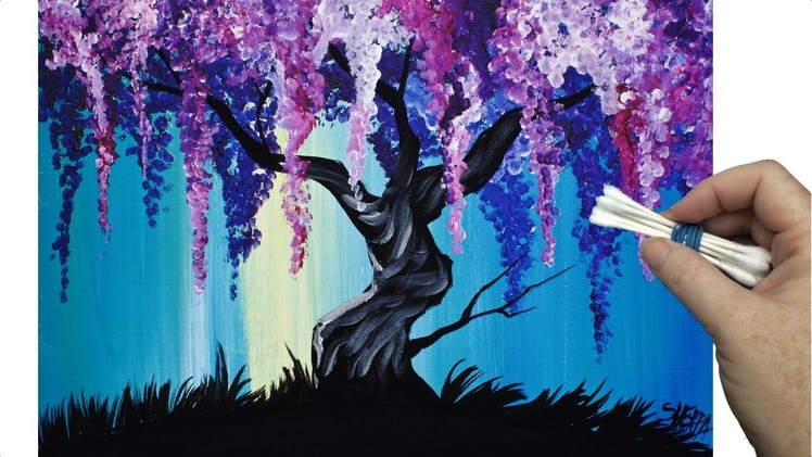 Wisteria Willow Tree Q Tip Painting Technique for BEGINNERS EASY Acrylic Painting