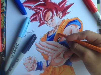 Como dibujar y colorear a Goku SSJ GOD | Sharpie,Prismacolor | How To drawing Goku SSJGOD