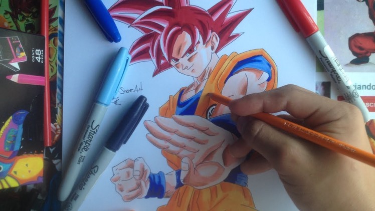 Como dibujar y colorear a Goku SSJ GOD | Sharpie,Prismacolor | How To drawing Goku SSJGOD