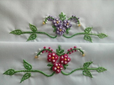 Flowers with round petals in Bullion stitch and Chain stitch