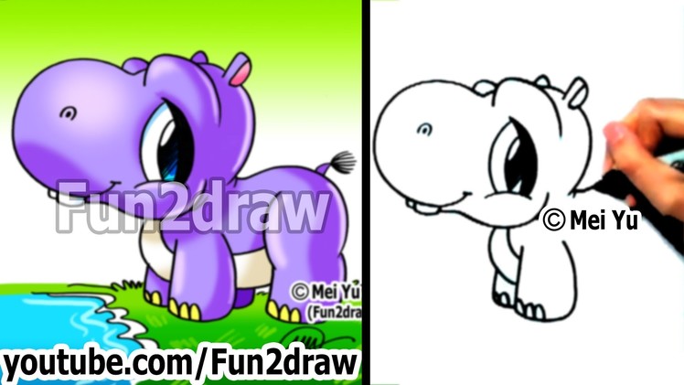 How to Draw Cartoons - Cute Baby Hippo - Easy Drawings - Fun2draw