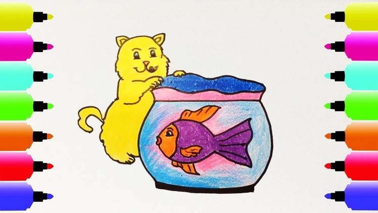 How to Draw cats, fish tank, Coloring Pages for Kids | Nursery Rhymes, Art Colors for Kids