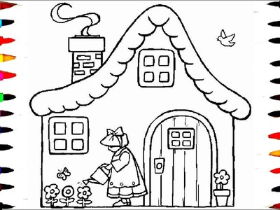 How to Draw House with a Doll Watering the Plants Coloring Pages Drawing Pages Videos for kids