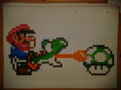 How to: draw pixel small Mario and a green Yoshi collect 1-Up Mushroom