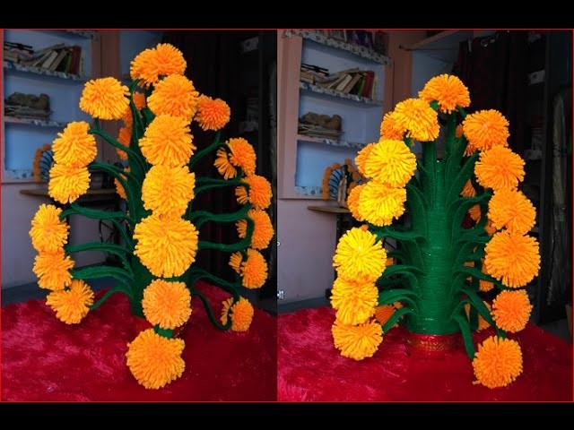 Merigold pom pom flower table top DIY मैरीगोल्ड पोम पोम फूलदान