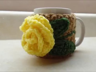 Learn How To Crochet Easy 3D Rose Coffee Cup Holder Cozy Tutorial #388