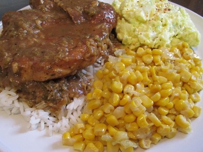 How to make Smothered Pork chops with brown gravy, rice, corn and potato salad