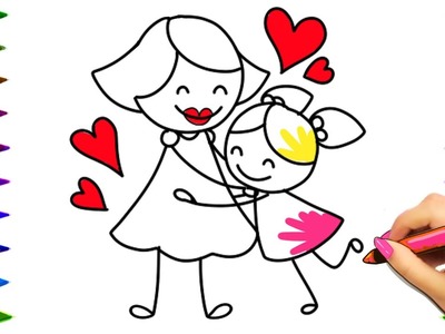 Mom hugging child Coloring Pages | Mothers day colouring book for kids. How to draw mom and kid 2017