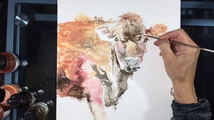 Speed-painting of a Jersey Cow - farm animal art, yupo paper ink painting