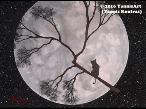 Cat on the Full Moon – Acrylic Painting on Canvas – for  Beginners