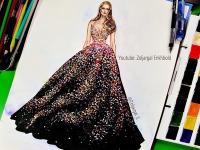 Fashion Illustration for beginners:  Sparkly.Glitter gown painting