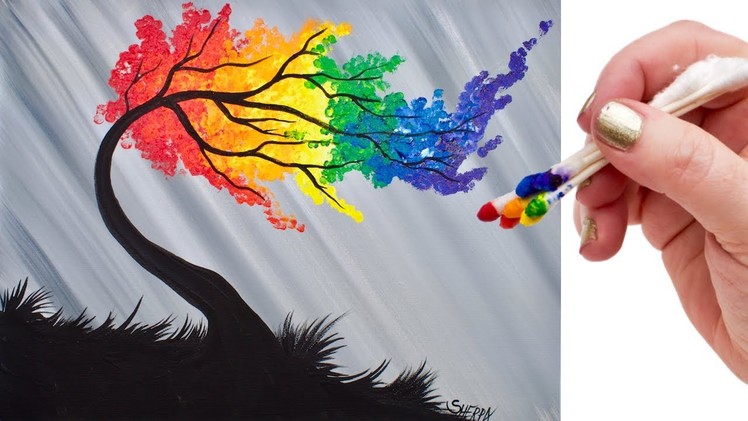 Rainbow Willow Tree Q Tip Acrylic Painting for Beginners tutorial ????????????