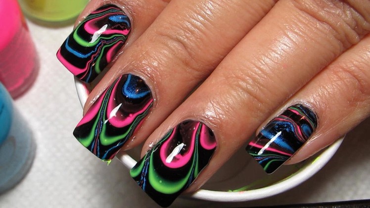 Black & Neon Water Marble Nail Art Tutorial (Water Marble March 2014 #3)