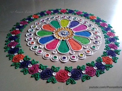 Easy and beautiful rangoli with border of multicolored roses | I Rangoli designs by Poonam Borkar