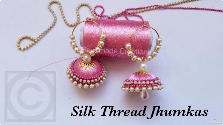 How To Make Silk Thread Jhumkas Hoop Style||Beautiful Pink jhumkas with Pearls