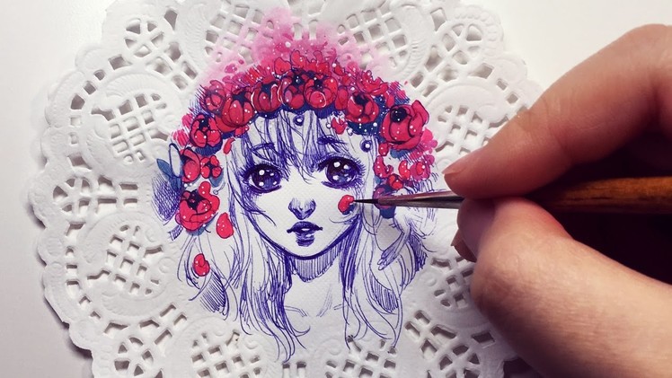 Starry Flower Crown - Watercolor + Pen on Doily Speedpaint