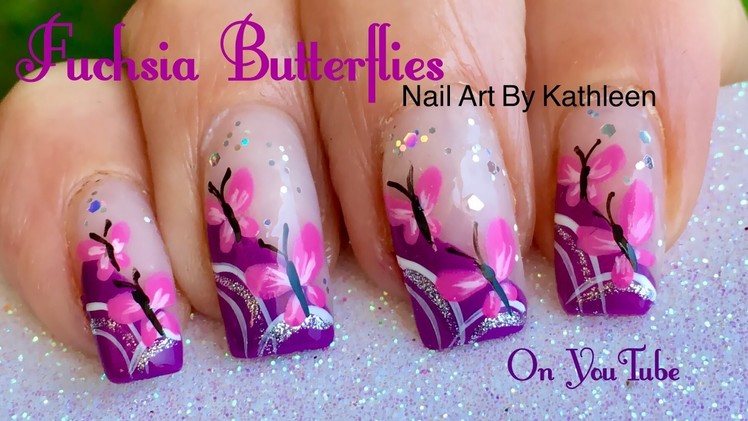 Fuchsia Butterfly Nail Art - DIY Freehand Tutorial