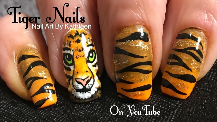Tiger Nail Art Tutorial - DIY Freehand Tiger Face & Stripes
