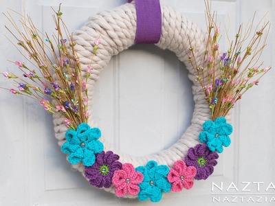 Yarn Wrapped Wreath with Crochet Flowers - DIY Home Decor Flower Wrap Tutorial