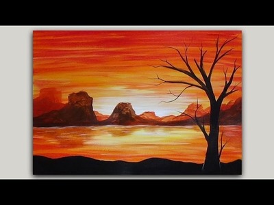 Acrylic Painting Volcano Island at Sunset and Tree Silhouette Painting