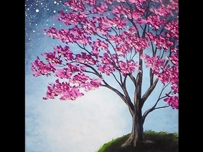 Blossoming Tree Acrylic Painting with Sponge Painted Background Tutorial