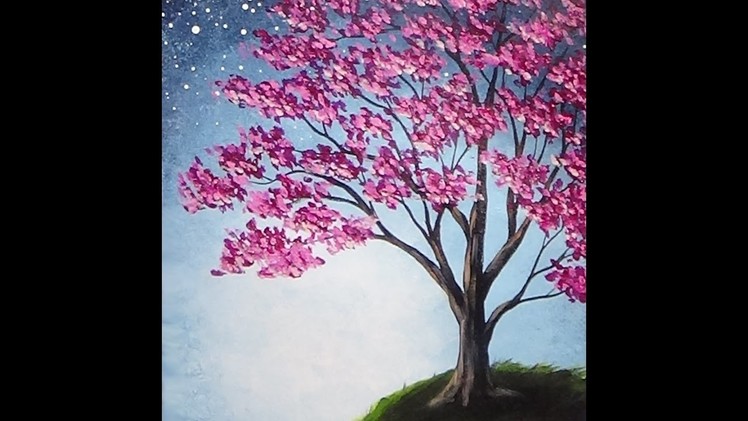 Blossoming Tree Acrylic Painting with Sponge Painted Background Tutorial