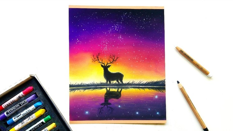 Purple night sky pastel drawing | Leontine van vliet