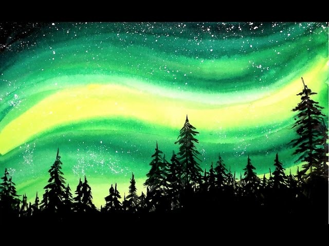 Simple Aurora Forest Watercolor Painting