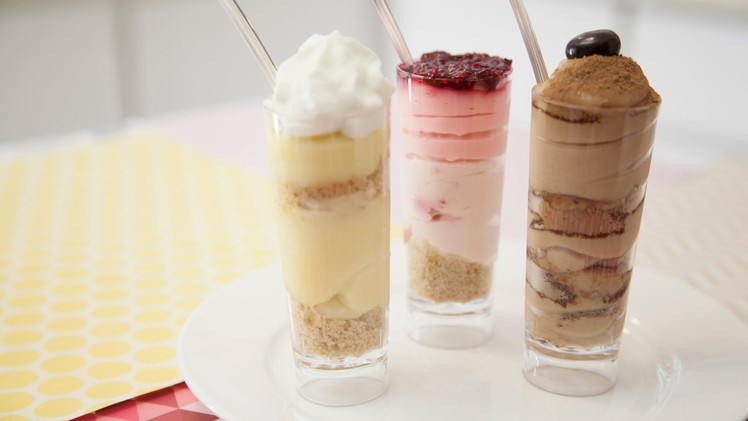 3 MINI DESSERT SHOOTERS (RASPBERRY CHEESECAKE, TIRAMISU, & BANANA CREAM PIE)