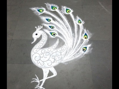 Beautiful Super White Peacock Rangoli Created By Latest Rangoli