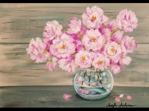 Easy Beginner Acrylic Painting Tutorial Pink Spring Flowers in Glass Vase LIVE