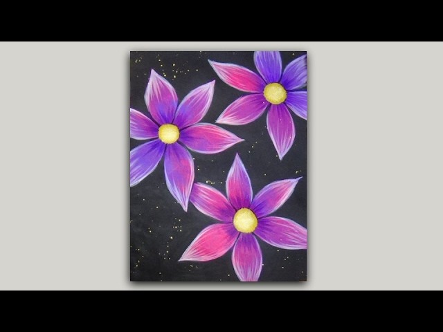 Acrylic Painting Pink and Purple Flowers on a Black Background