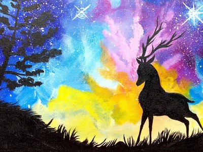 Acrylic Starry Night Sky  and STAG with Aurora Borealis Painting on Canvas for Beginners