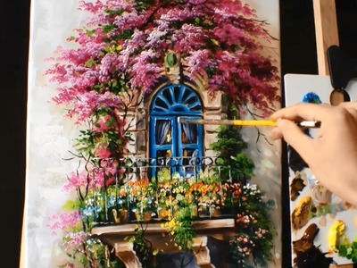 How to Paint a Balcony with Bougainvillea - Acrylic lessons