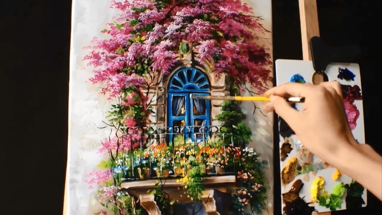 How to Paint a Balcony with Bougainvillea - Acrylic lessons