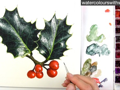 How to paint realistic holly leaves for your Christmas card in watercolour by Anna Mason