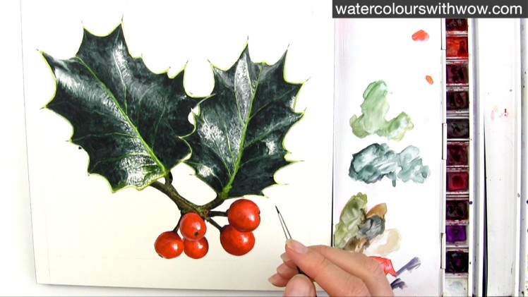 How to paint realistic holly leaves for your Christmas card in watercolour by Anna Mason