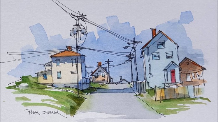 A virtual Urban Sketch of a street in Bonavista Newfoundland. A pen and wash Demonstration