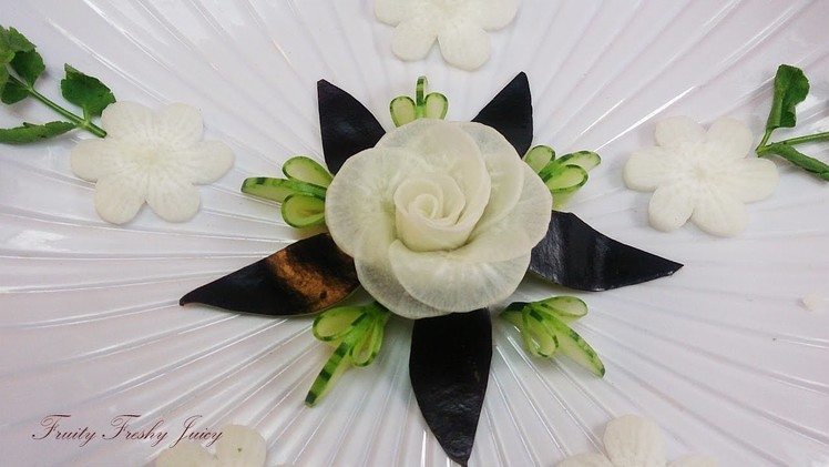 Art In Radish Rose With Cucumber & Eggplant Designs - Vegetable Flower Carving Garnish