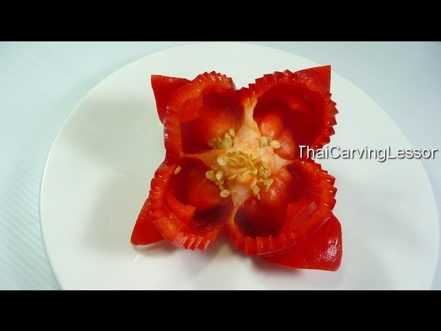 Bell Pepper Flower Carving Design 1,Lesson 13 for Beginners,แกะสลักดอกไม้จาก พริกหวาน แบบที่ 1