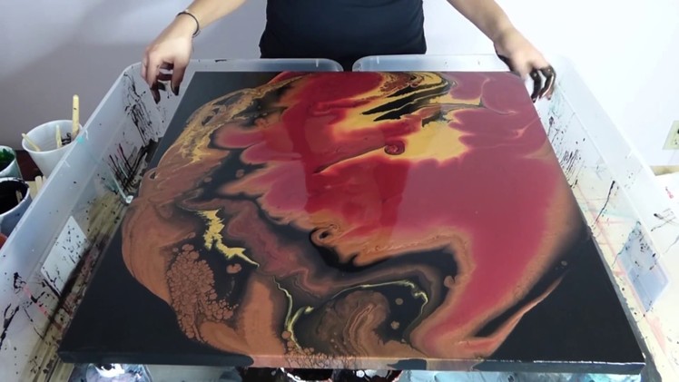 Fluid Acrylic Pouring Painting Red & Black & Gold
