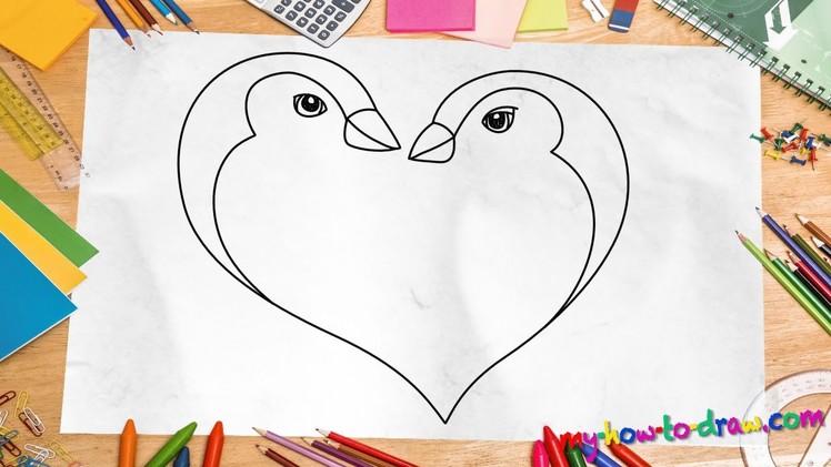 How to draw a Penguin Love Heart - Easy step-by-step drawing lessons for kids