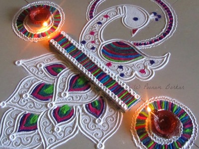 Beautiful and unique white peacock rangoli for diwali | Innovative rangoli designs by Poonam Borkar