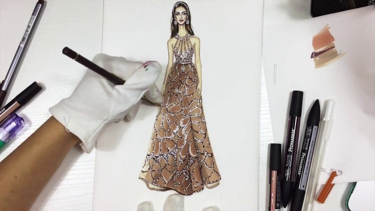 BEIGE CHIFFON DRESS WITH CRYSTALS. Elie Saab | Fashion Drawing