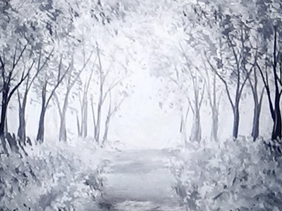 Sunlit Forest Path Acrylic Painting Black & White Monochromatic Painting