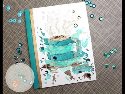Tim Holtz Fresh Brewed Blueprints | Mission Gold Watercolor | AmyR Coffee Card Series #4