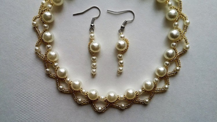 Wedding jewelry making.Pearls and seed beads necklace and earrings