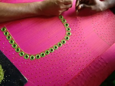 Hand aari mirror work with cut beads for a top