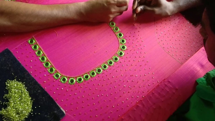 Hand aari mirror work with cut beads for a top